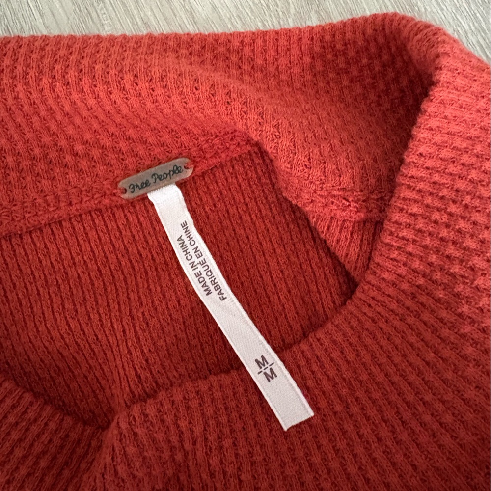 Free People Switch It Up Burnt Orange Thermal Sweater Top Crochet Sleeves - Picture 6 of 7